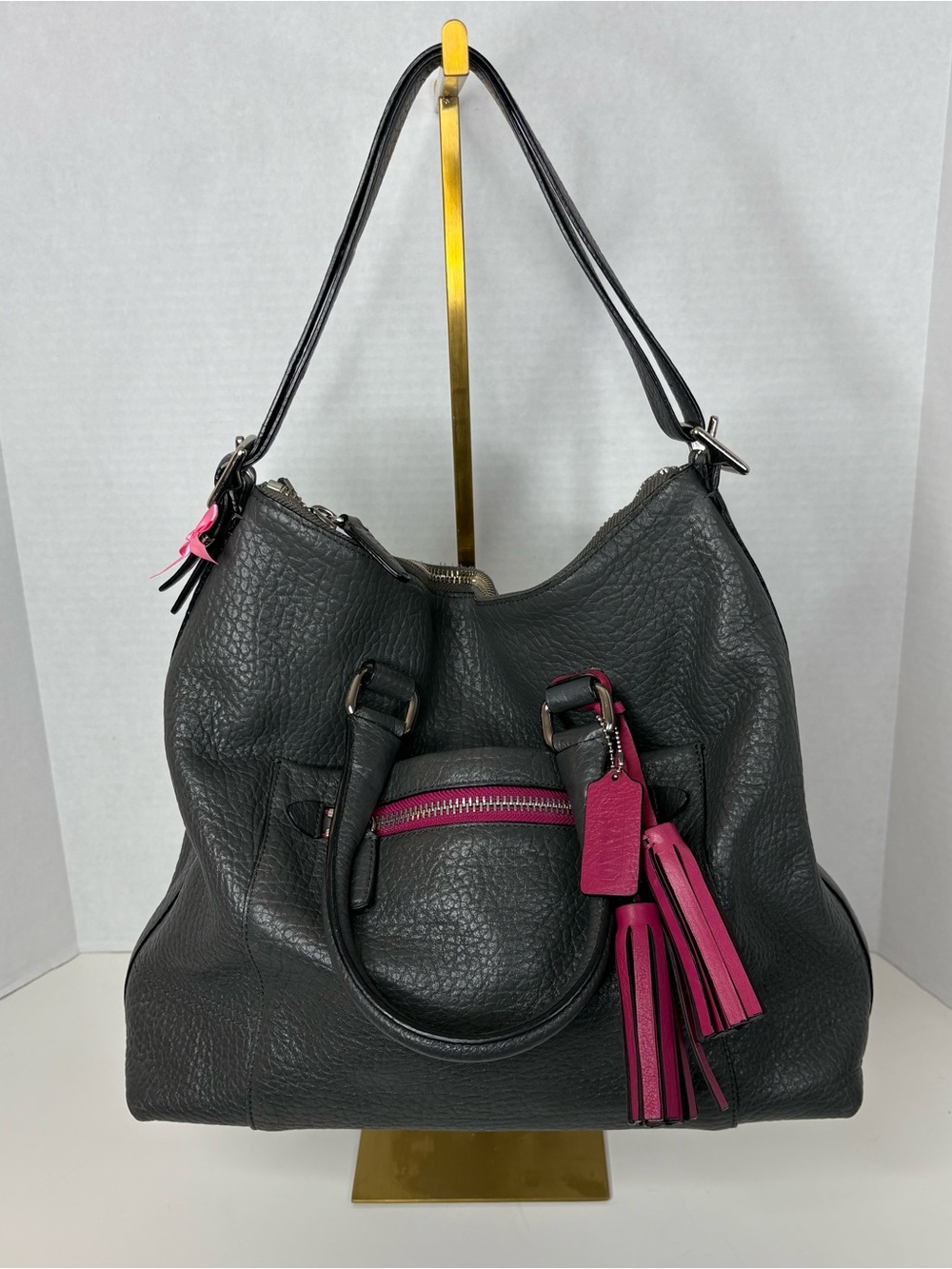 Coach Legacy Rory Textured Pebbled Leather Bobo in the Graphite/Berry colorway